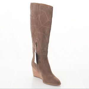 Lucky Brand Preeka Tall Waterproof Suede Chevron Stitch Wedge Boots 8.5M NWOB